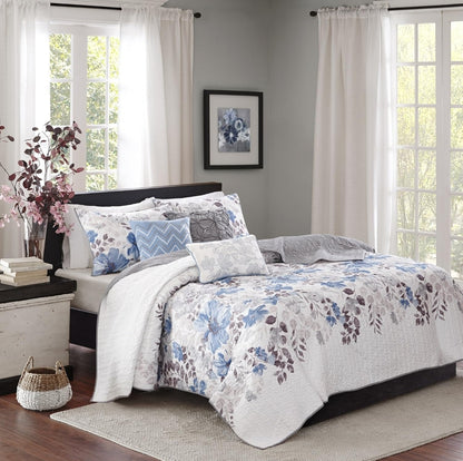 Madison Park Luna Quilt 90"x90" Floral 6 Piezas, Azul, Queen