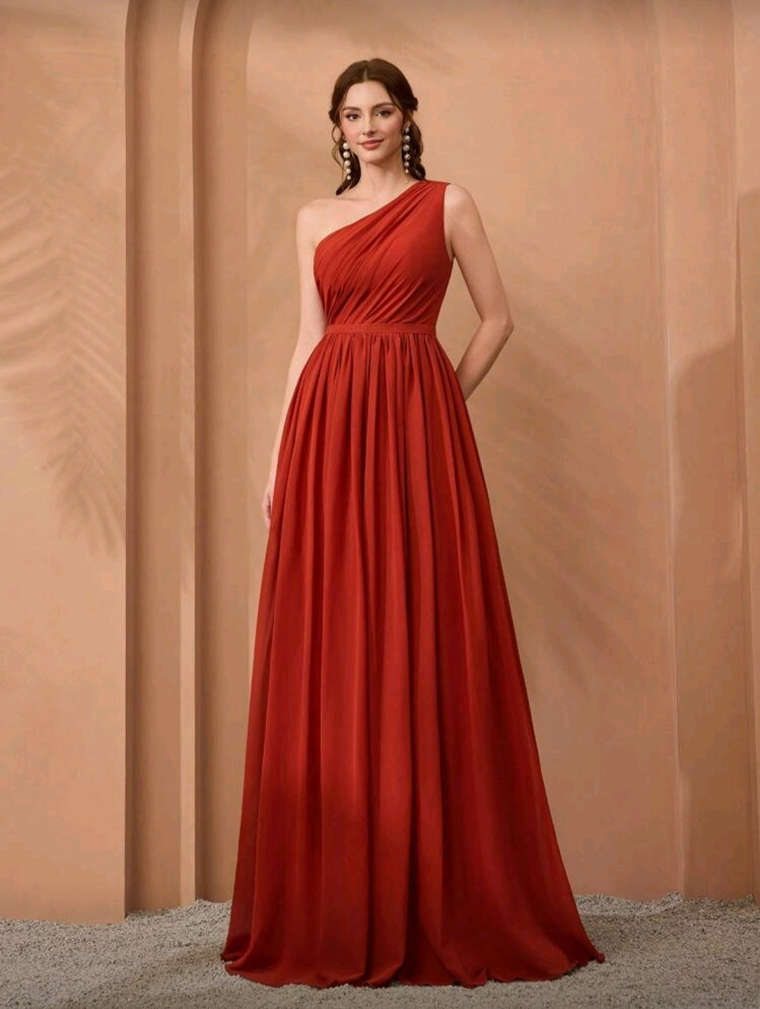 Vestido Elegante Anaranjado/Rojizo Plisado de un solo Hombro