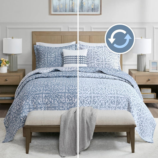 Madison Park Quilt Set Metelasse Reversible Coverlet Set Size, Soft Summer Quilt, All Season, King/Cal King, Azul, 4 Piezas