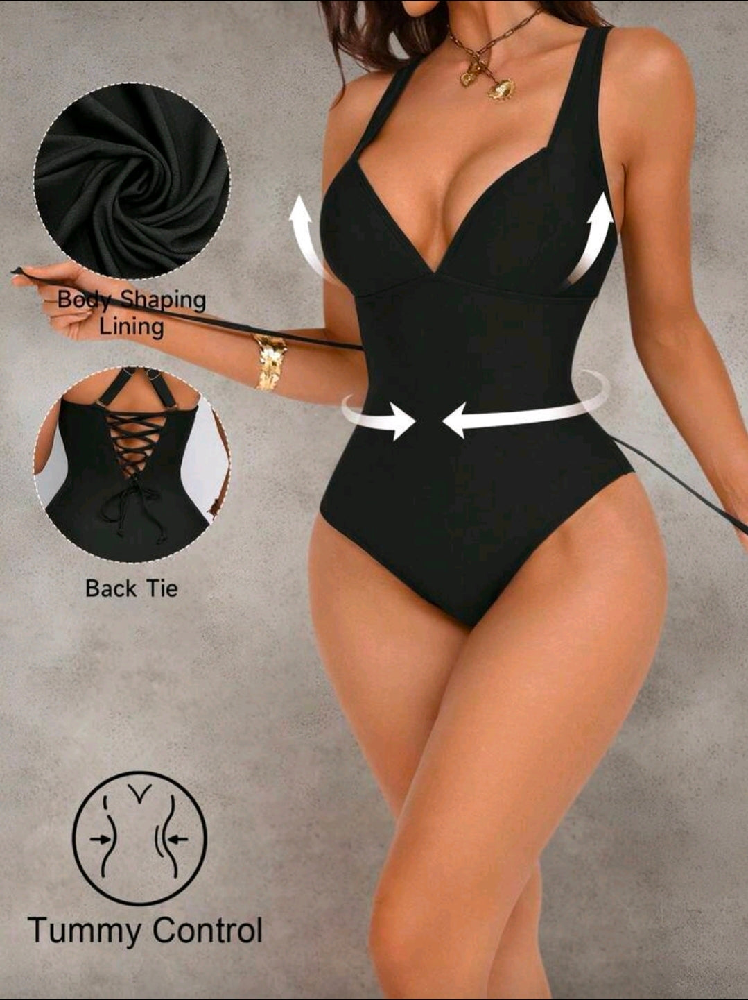 Traje de baño negro de tirantes cruzados y control de abdomen