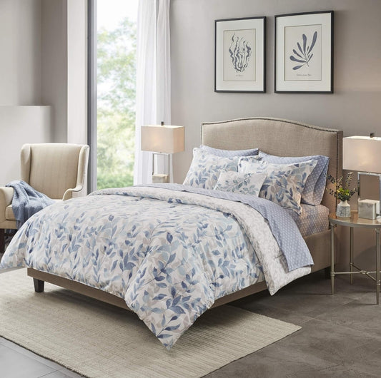 Madison Park Essentials Reversible Comforter Modern Botanical Print 104"x92", Azul, 8 Piezas, King