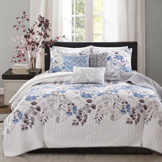 Madison Park Luna Quilt 90"x90" Floral 6 Piezas, Azul, Queen