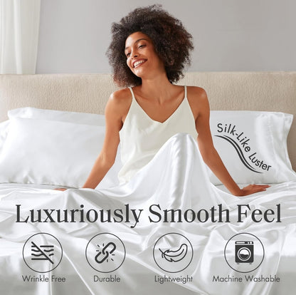 Madison Park Essentials Satin Sheet Set Luxury and Silky with Natural Sheen, Elastic 14" Pocket fits up to 16" Mattress, All Around Elastic - Year-Round Bedding, 6 Piezas, Blanco, King