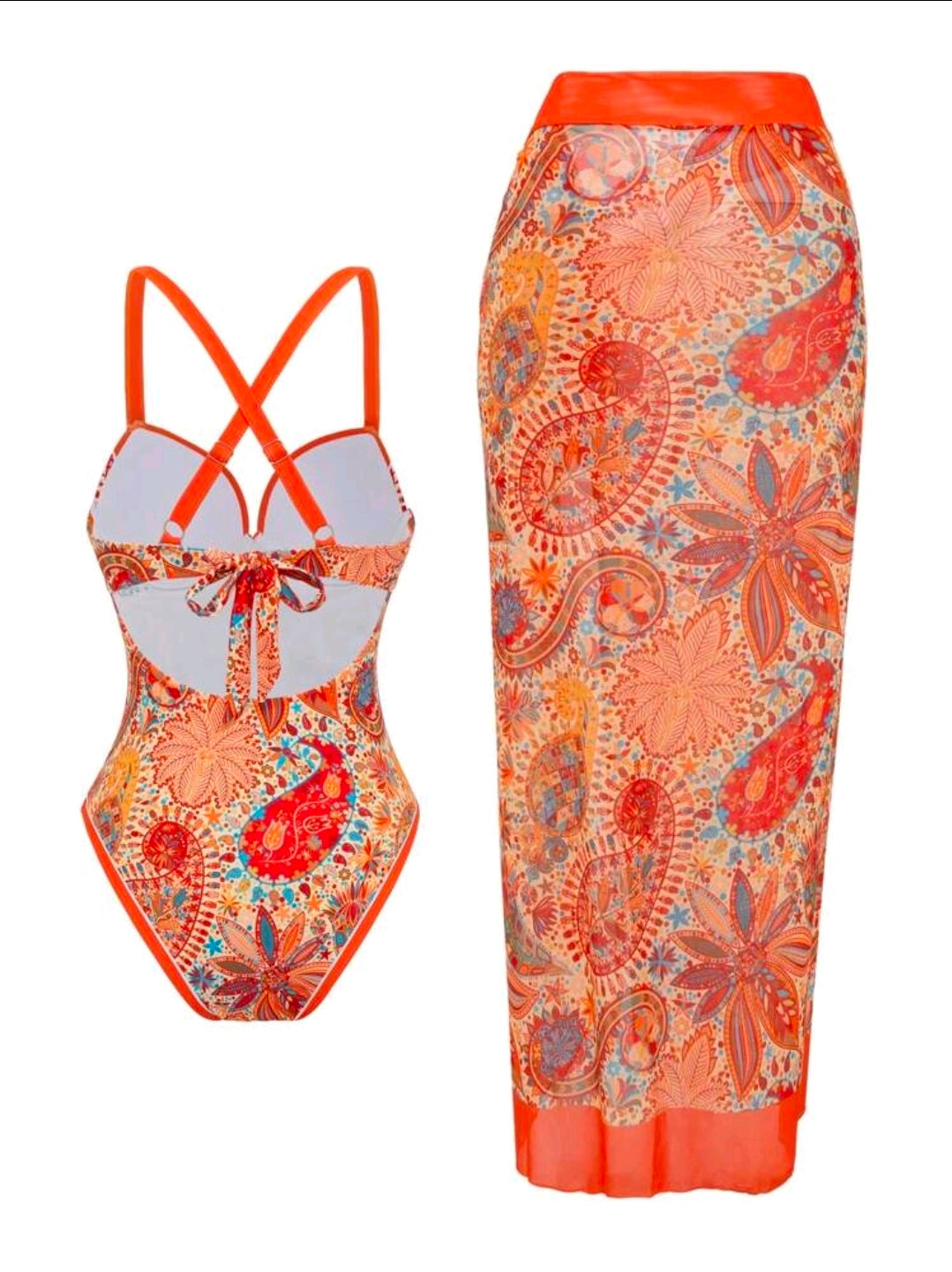 Traje de baño anaranjado de 1 pieza con estampado floral y salida de baño larga