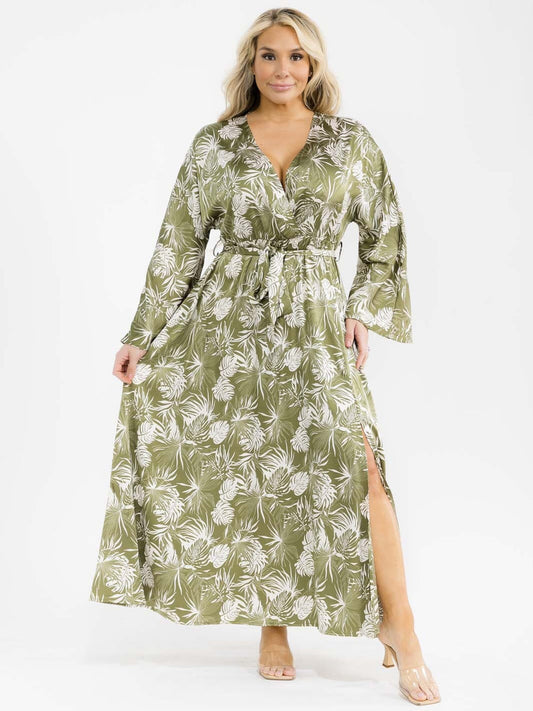 Vestido Plus verde y estampado blanco de hojas con cinturón y mangas largas