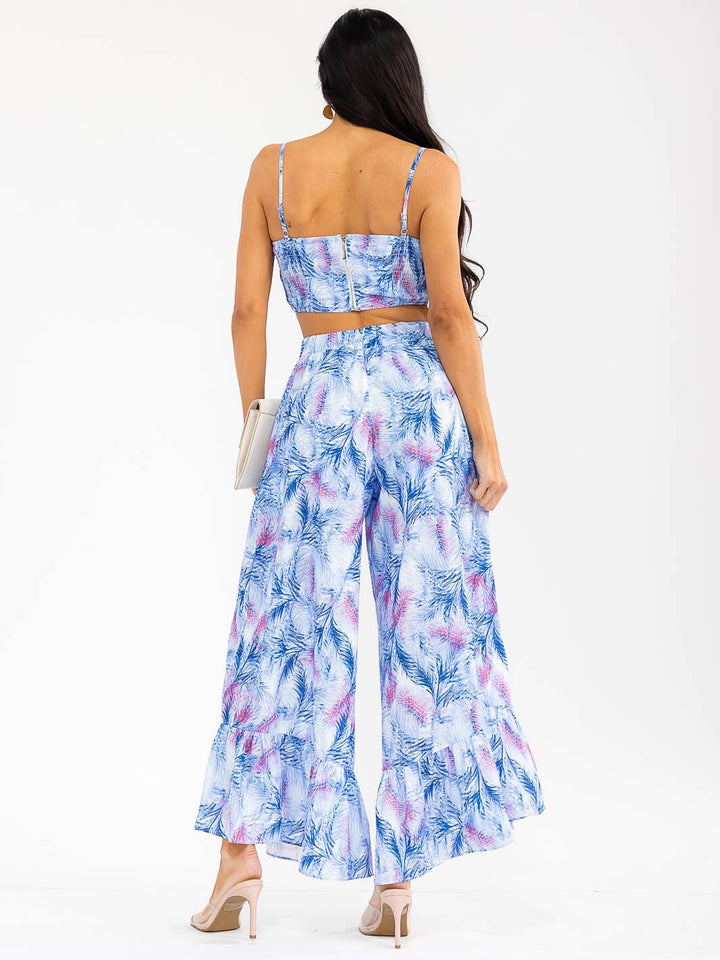 Conjunto floral blanco y azul de 2 piezas: top sin mangas + pantalón ancho con cierre