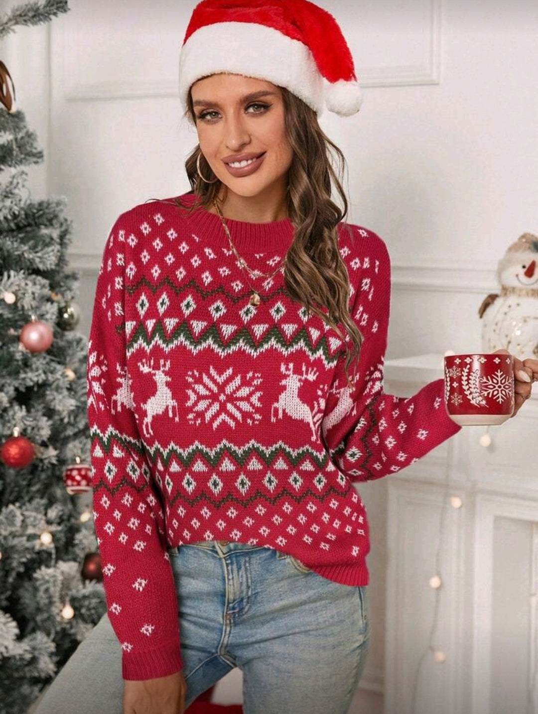 Suéter Rojo de Renos y Copo de Nieve Blancos