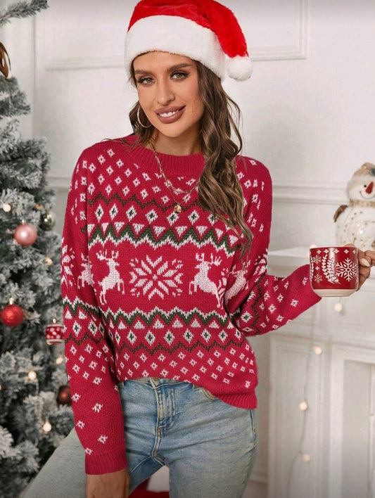 Suéter Rojo de Renos y Copo de Nieve Blancos