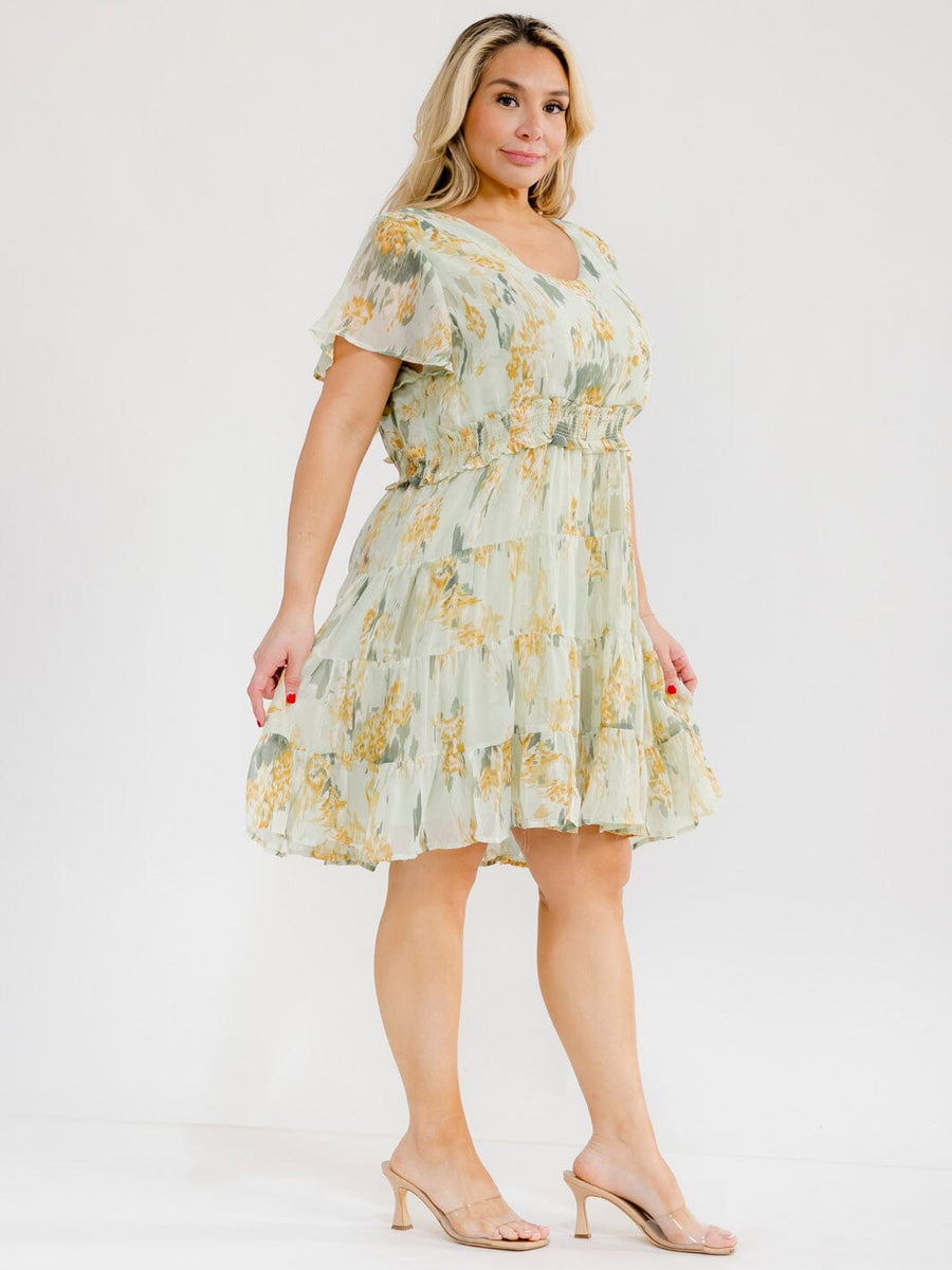 Vestido Plus corto verde floral con cintura elástica