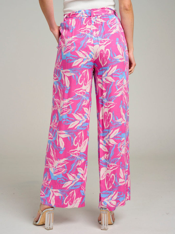 Pantalón fucsia con patron multicolor de pierna ancha