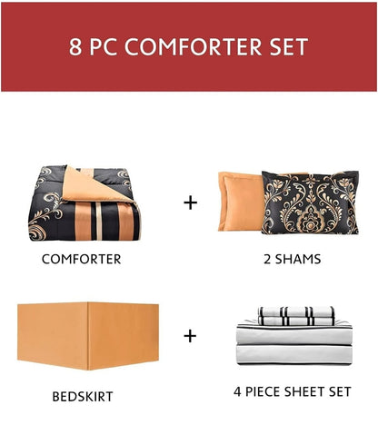 Fairfield Square Collection Lanwood Home Sabrina Damask 8-Piece Bed-in-A-Bag Comforter Set with Comforter, Pillow Shams, Dorado/Negro, 8 Piezas, King