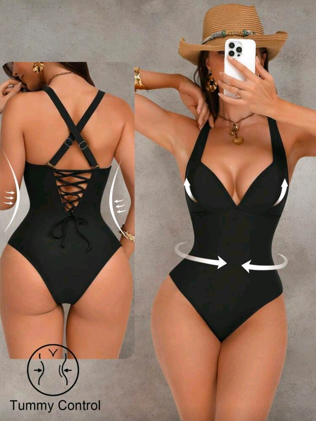 Traje de baño negro de tirantes cruzados y control de abdomen