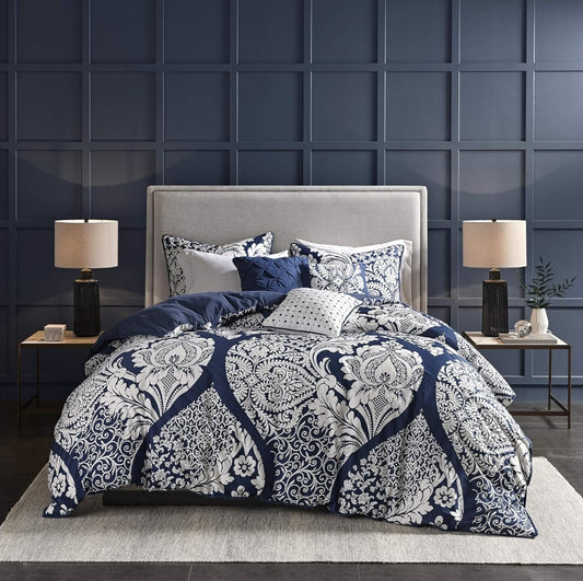 Madison Park Vienna Cotton Poly Blend Duvet Cover Set -  6 piezas, King, Azul