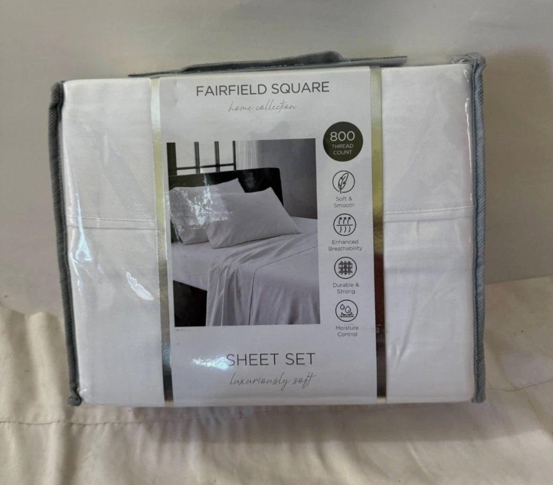 FAIRFIELD SQUARE 800-Thread Count Bedding Sheet Set, 4 Piezas, Blanco, King