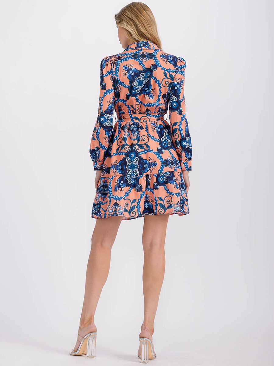 Vestido Midi Azul y Rosa con Cinturon