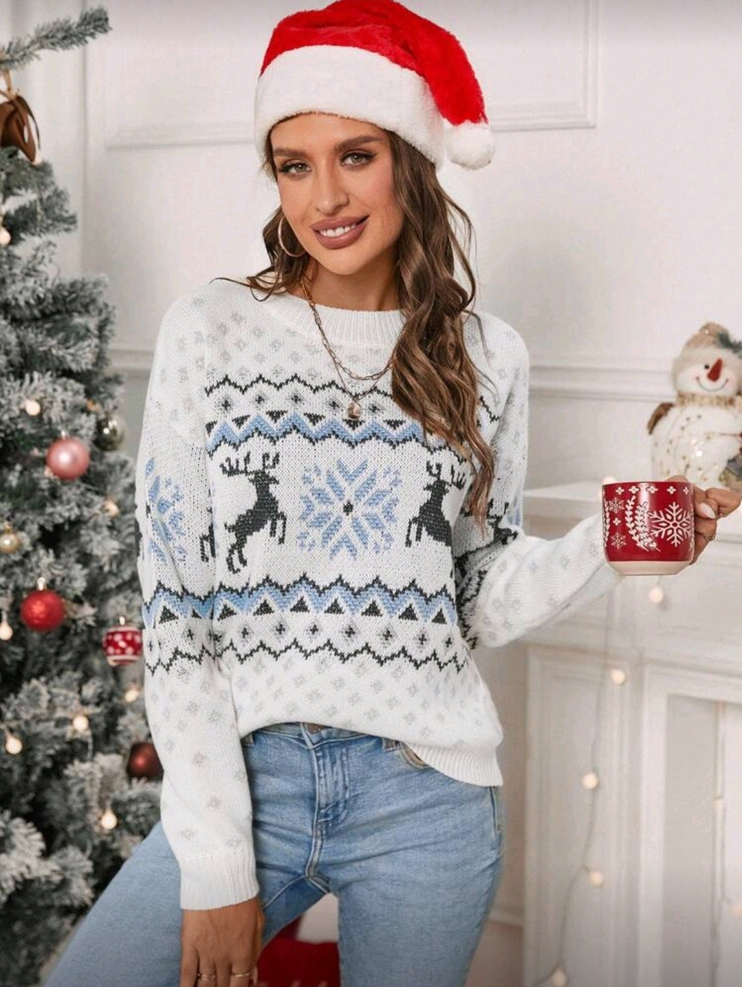 Suéter Blanco de renos y copo de nieve