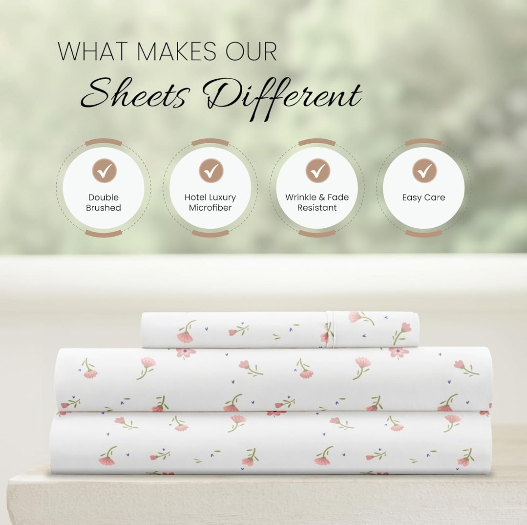 Ienjoy Linen Market Double-Brushed Ultra Soft Twin Sheet Set, Wrinkle-Free Easy Care, Blanco/Flores Rosadas, Twin, 3 Piezas