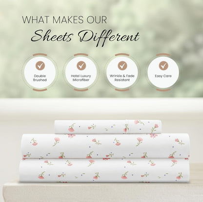 Ienjoy Linen Market Double-Brushed Ultra Soft Twin Sheet Set, Wrinkle-Free Easy Care, Blanco/Flores Rosadas, Twin, 3 Piezas