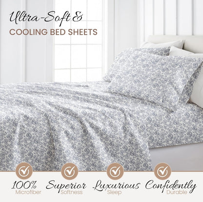 Linen Market 4 Piece King Sheet Set - Breathable, Double-Brushed Patterned Cooling Sheets – Coarse Paisley Navy, Juego de 4 Piezas, Blanco con Diseño Azul, King