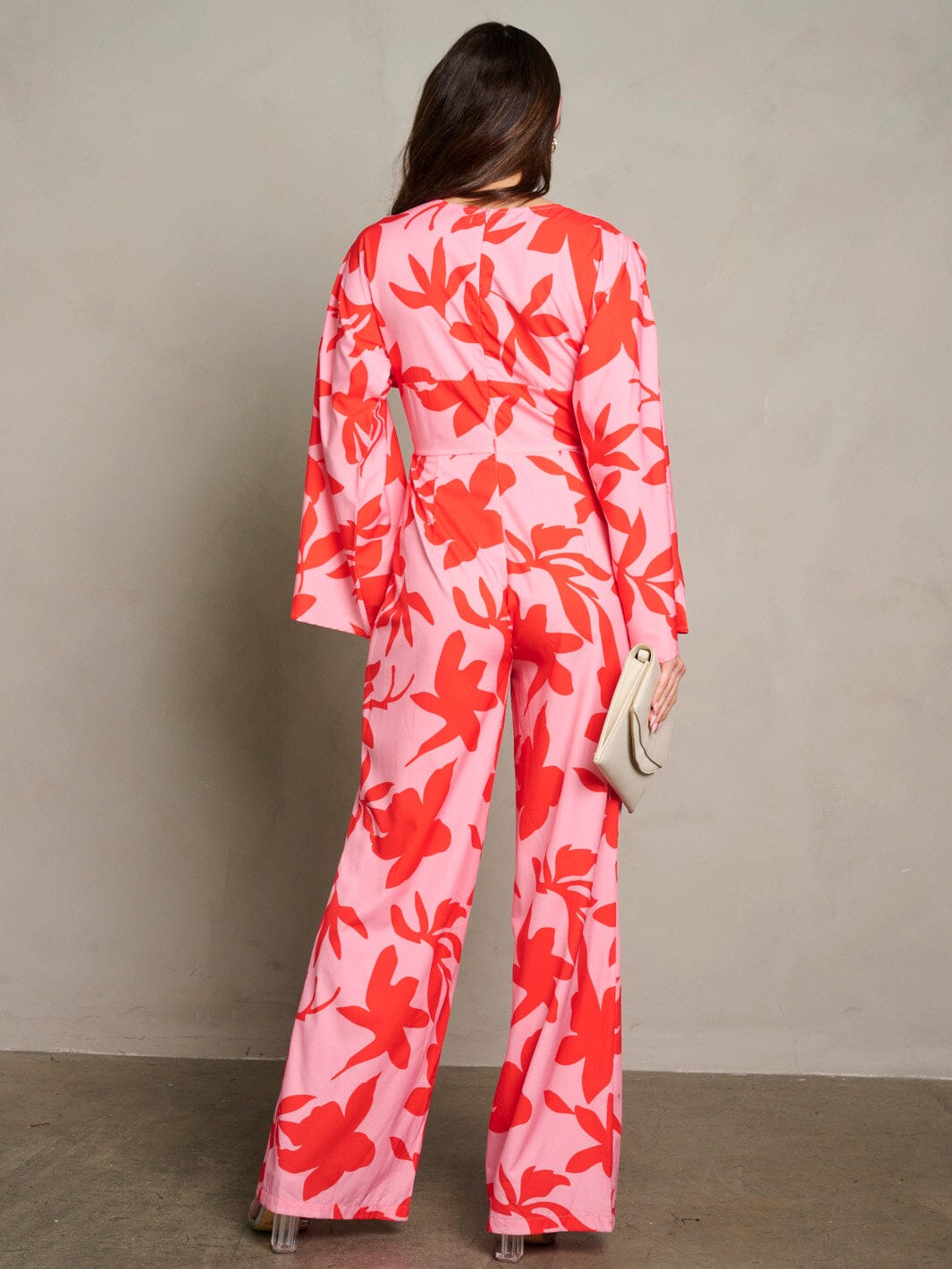 Jumpsuit Rosado Floral Manga Larga y de Pierna Ancha