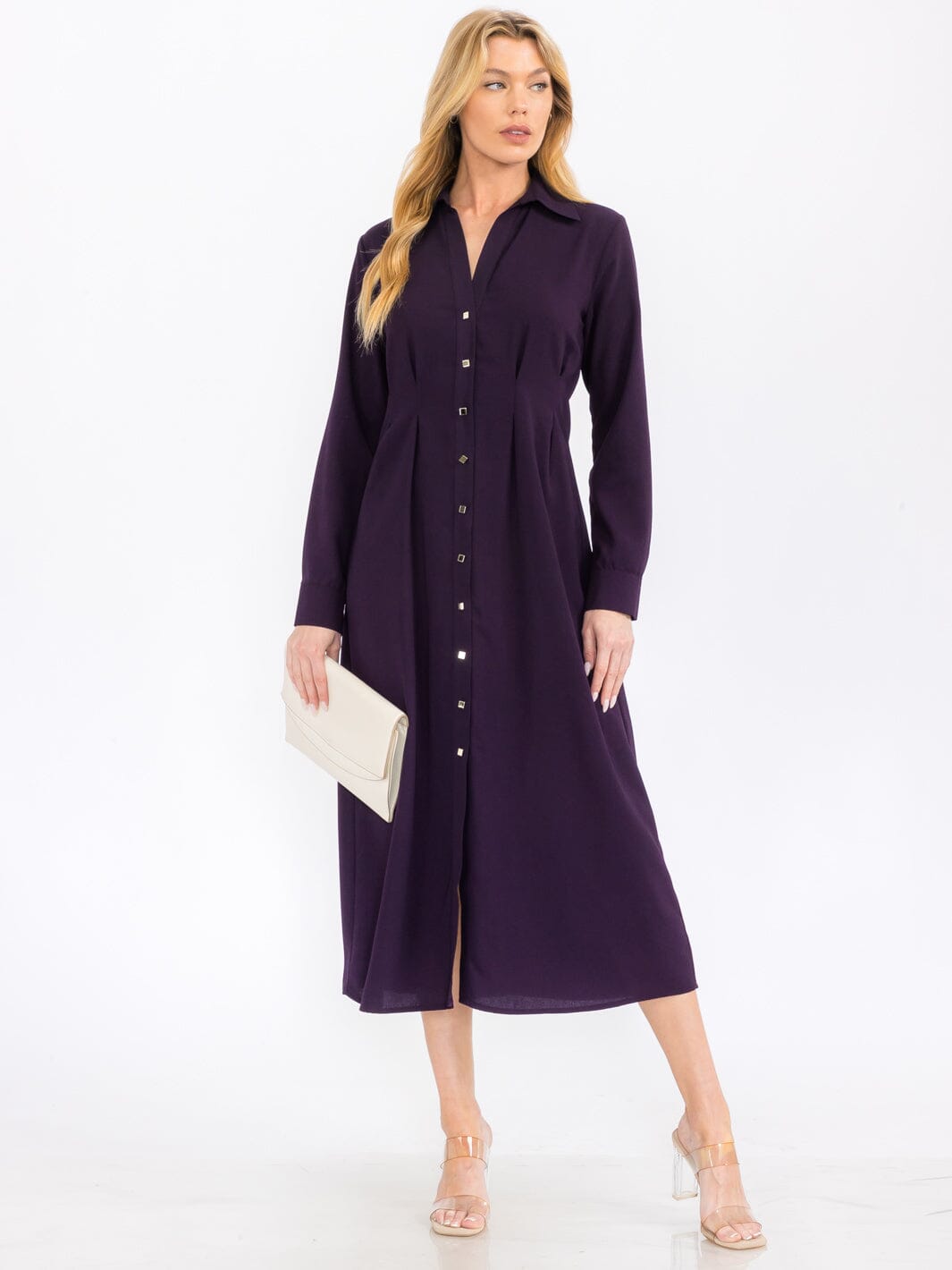 Vestido maxi púrpura manga larga de botones