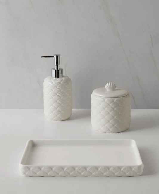 Décor Studio Brooklyn Ceramic  Bath Accessory Set, Set de 3 Piezas, Blanco (Dispensador de Jabón, Tarro para Algodón, Bandeja)
