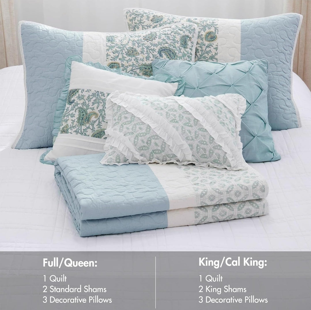 Madison Park 100% Cotton Quilt Set Floral Print Light Teal Aqua, 6 Piezas, Queen