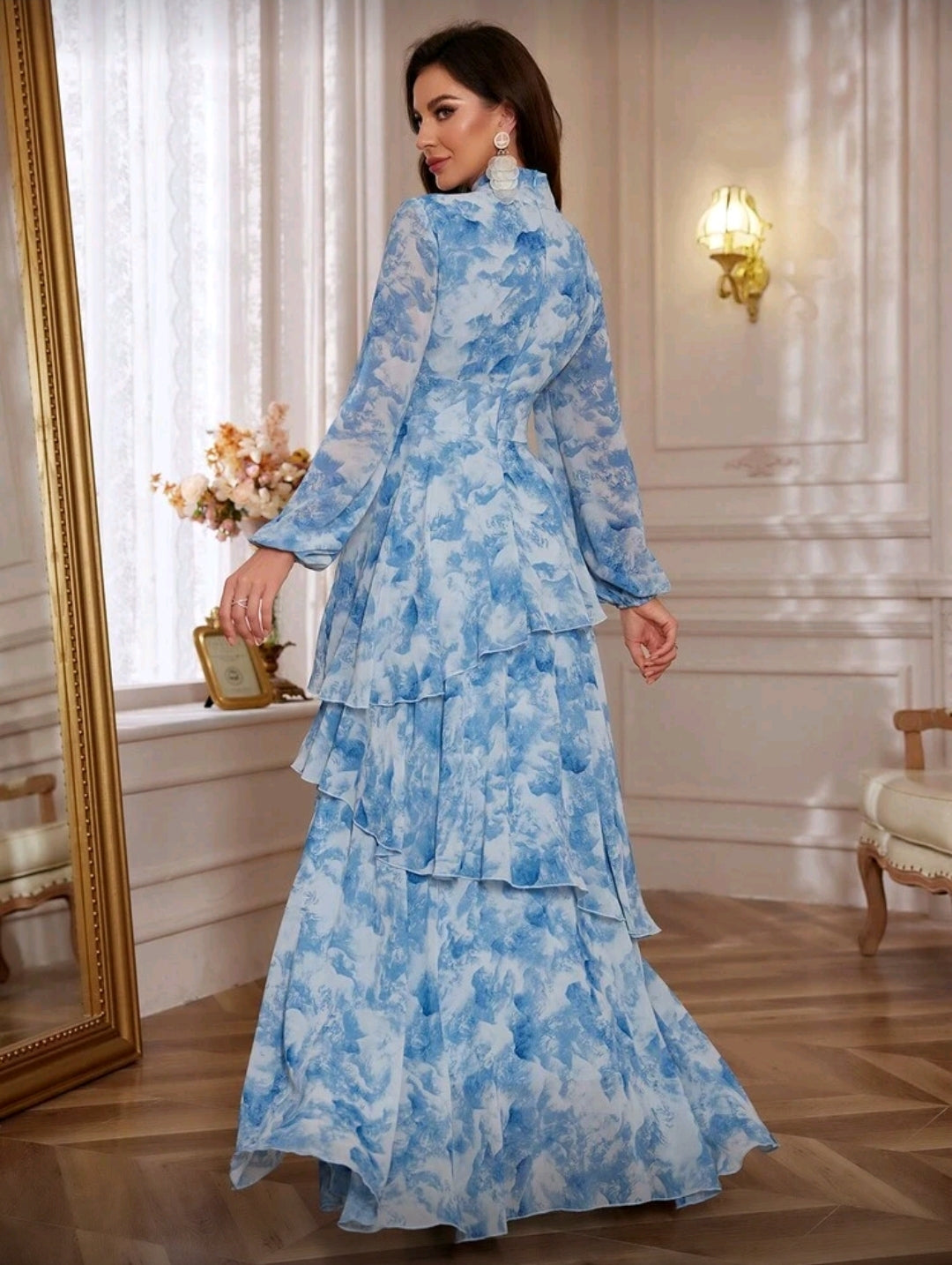 Vestido Maxi Azul con Estampado Floral Elegante manga larga