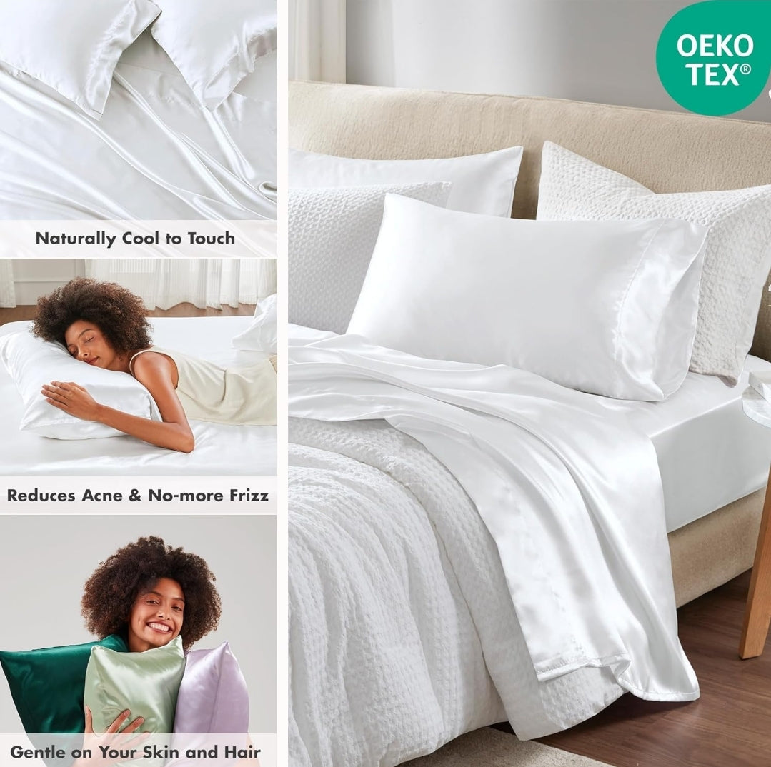 Madison Park Essentials Satin Sheet Set Luxury and Silky with Natural Sheen, Elastic 14" Pocket fits up to 16" Mattress, All Around Elastic - Year-Round Bedding, 6 Piezas, Blanco, King