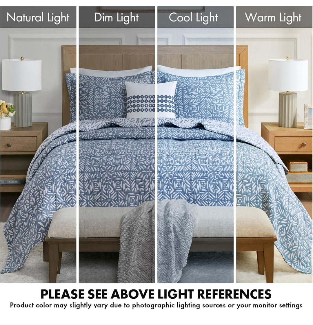 Madison Park Quilt Set Metelasse Reversible Coverlet Set Size, Soft Summer Quilt, All Season, King/Cal King, Azul, 4 Piezas