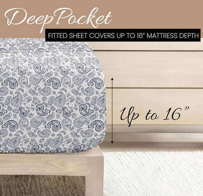 Linen Market 4 Piece King Sheet Set - Breathable, Double-Brushed Patterned Cooling Sheets – Coarse Paisley Navy, Juego de 4 Piezas, Blanco con Diseño Azul, King