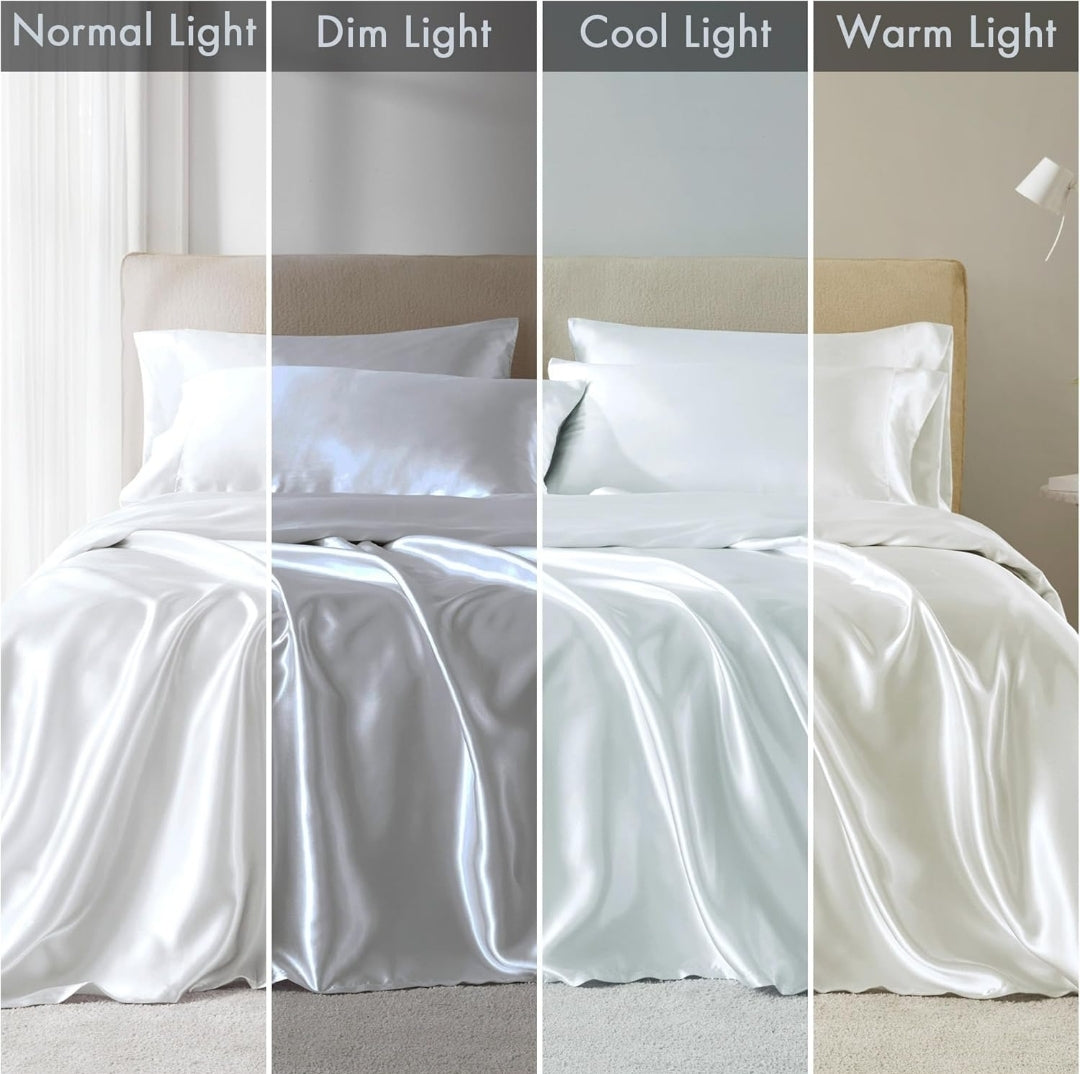 Madison Park Essentials Satin Sheet Set Luxury and Silky with Natural Sheen, Elastic 14" Pocket fits up to 16" Mattress, All Around Elastic - Year-Round Bedding, 6 Piezas, Blanco, King