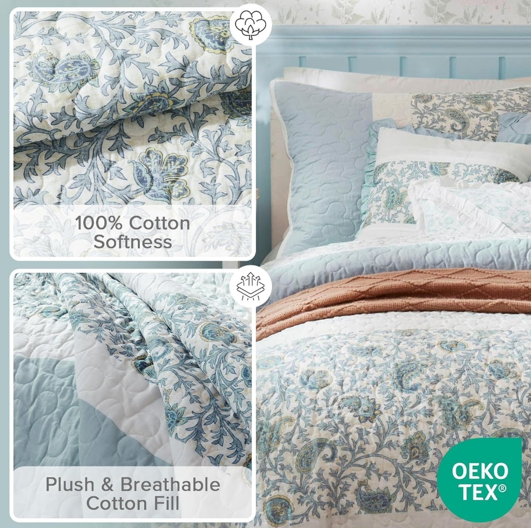 Madison Park 100% Cotton Quilt Set Floral Print Light Teal Aqua, 6 Piezas, Queen