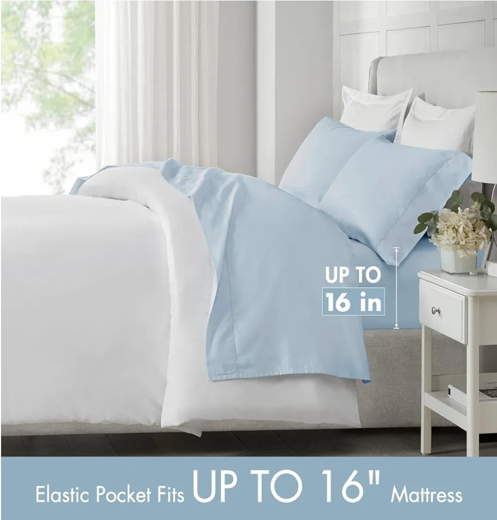 Madison Park Cotton Sheet Set, Soft & Breathable 500TC Egyptian Cotton Sheets, All Seaons Elastic Deep Pockect Sheet Set, Lightweighted 100% Egyptian Bed Sheets, King, 4 Piezas, Azul