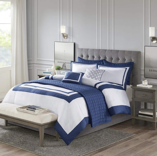 Madison Park Heritage Comforter Quilt Down Alternative 104"x92" Color Azul, 8 Piezas, Queen