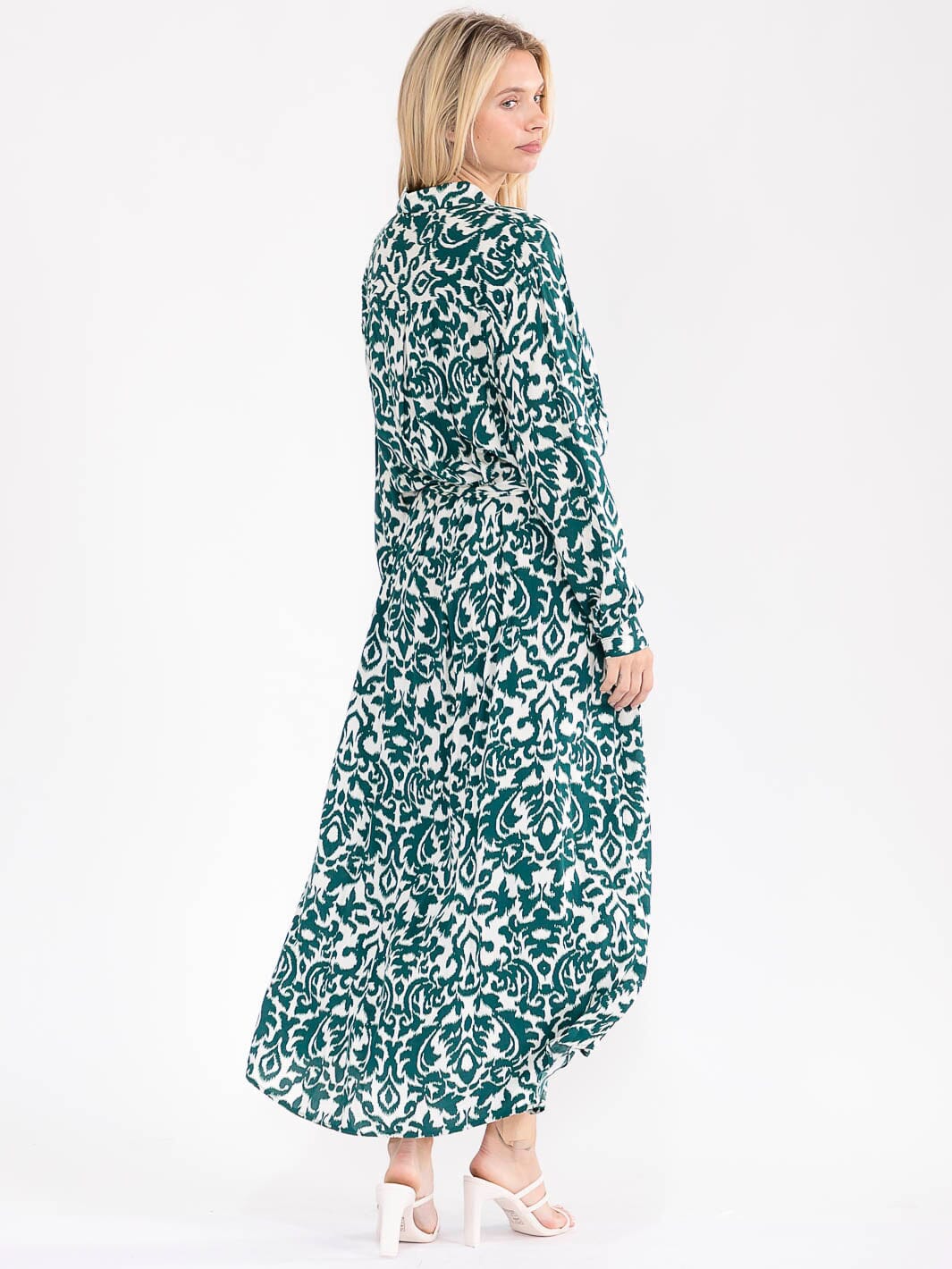 Vestido Verde y Blanco Maxi de Botones y Manga Larga