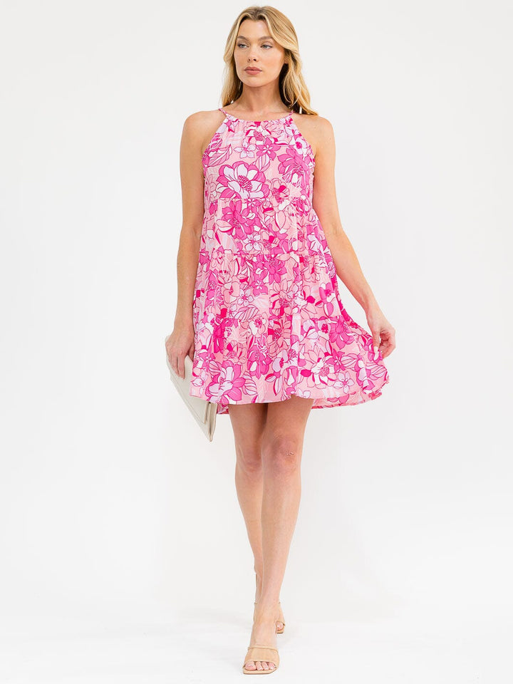 Vestido halter mini floral rosado sin mangas