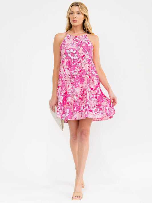 Vestido halter mini floral rosado sin mangas