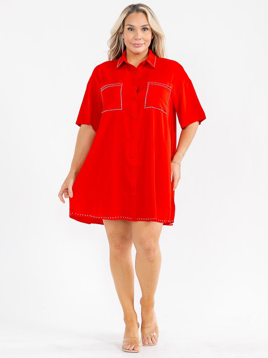 Vestido Plus rojo holgado de botones y mangas cortas