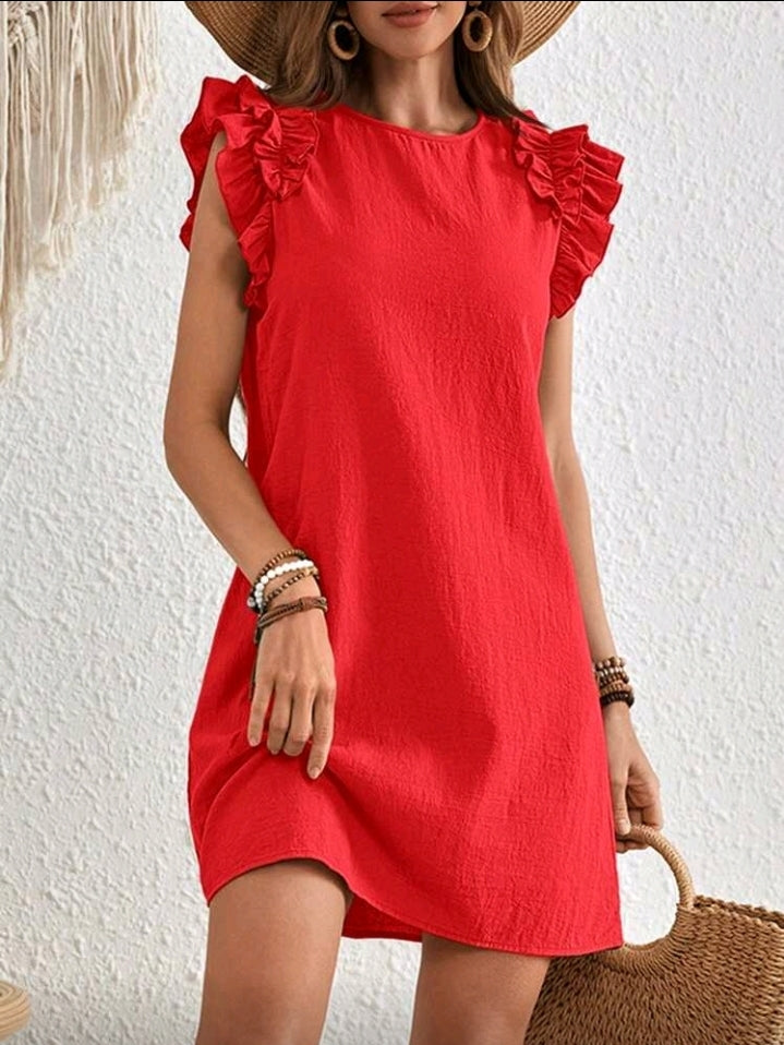 Vestido rojo corto con vuelos en los hombros