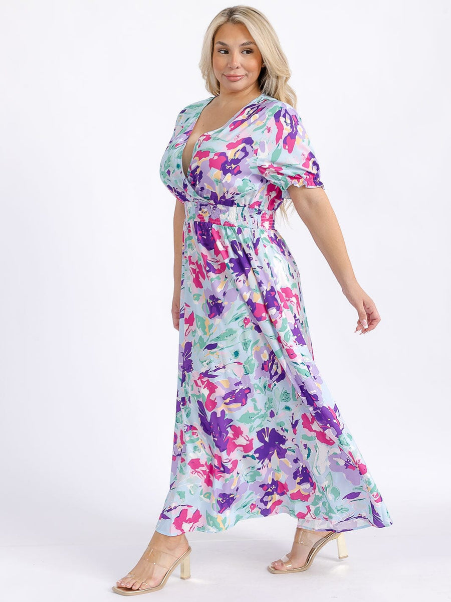Vestido Plus maxi azul claro y morado manga corta