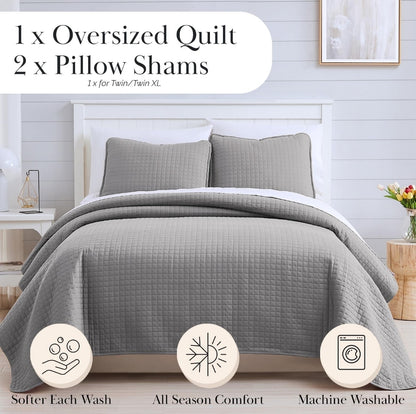 Southshore- Fine Linens, Inc. Oversized Quilt Set Soft Microfiber, 3 Piezas, Gris Claro, Queen