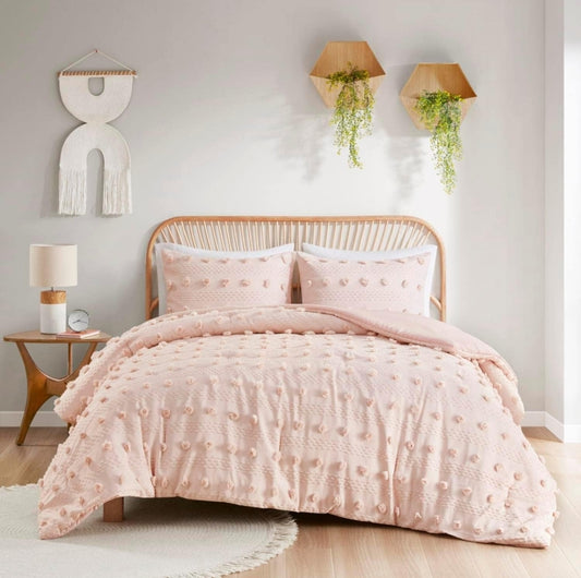 Intelligent Design Comforter Set, Clipped Jacquard Comforter Set Chic Pompoms Accent, All Seasons Lightweight & Fluffy Comforter Bed Set with 2 Shams, 3 Piezas, Rosado, Queen