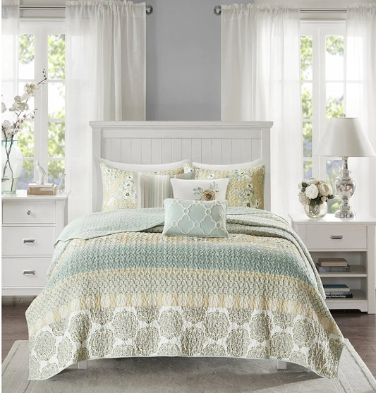 Madison Park 100% Cotton Quilt Set Floral Print, Double Sided Stitching, 6 pieces, King
