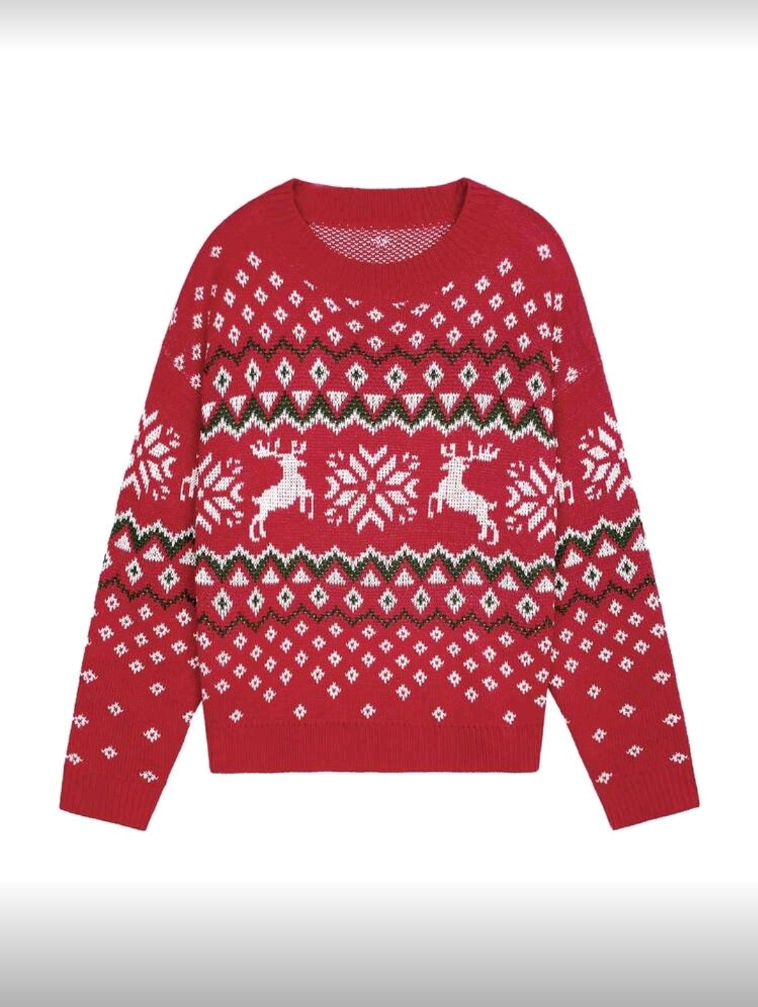 Suéter Rojo de Renos y Copo de Nieve Blancos