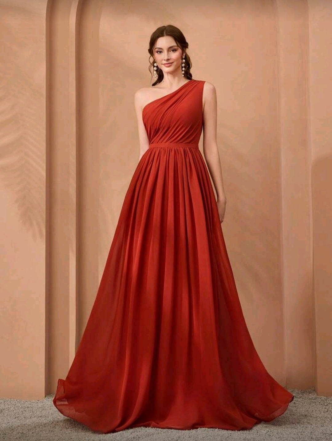 Vestido Elegante Anaranjado/Rojizo Plisado de un solo Hombro