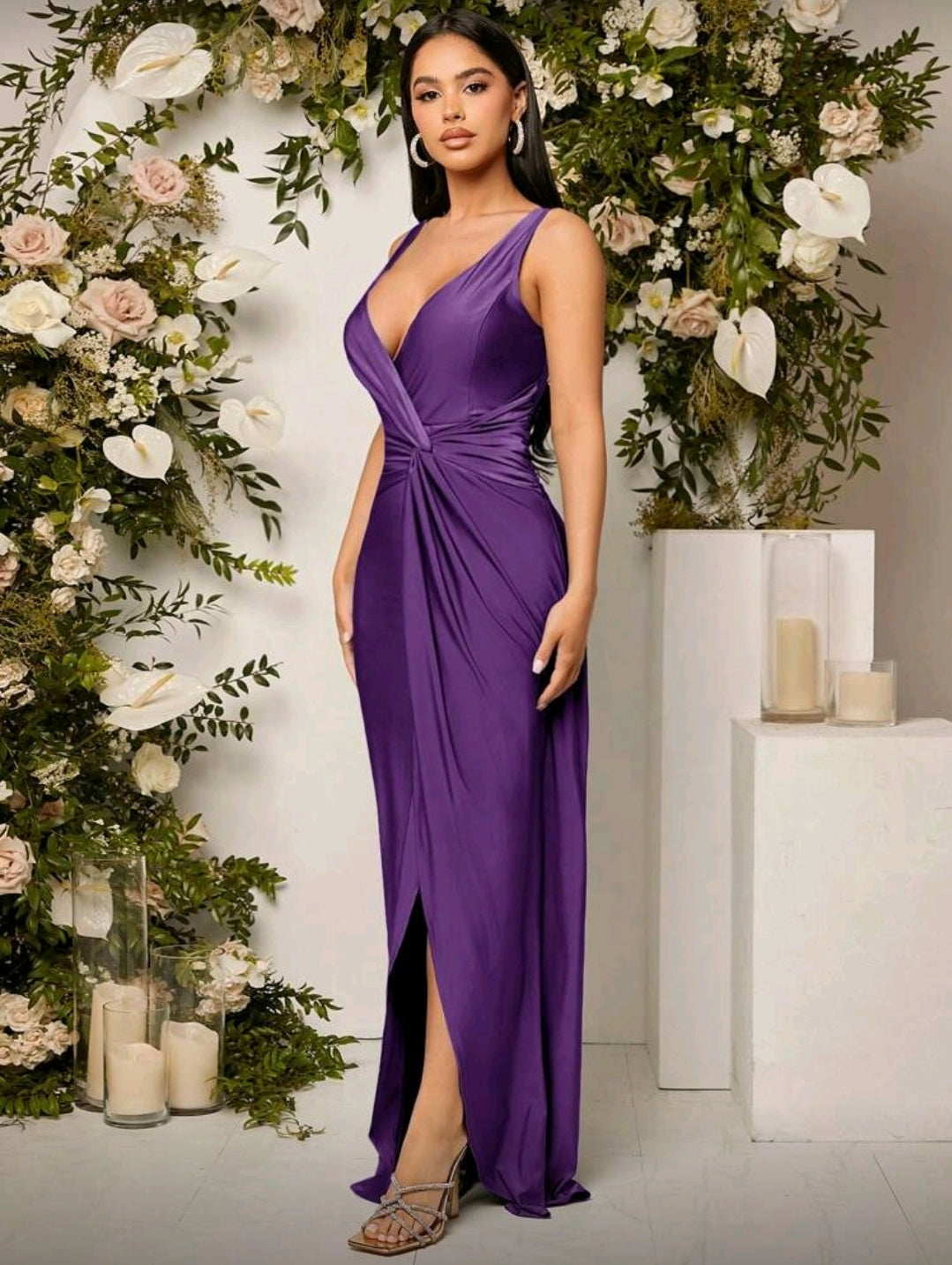 Vestido morado largo con Pliegues en la Cintura