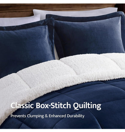 Woolrich Reversible Comforter Set Ultra Soft Plush to Sherpa, Down Alternative, Cold Weather Winter Warm Bedding, with Matching Sham, Decorative Pillow, Navy Blue/Ivory, 4 Piezas, Full/Queen