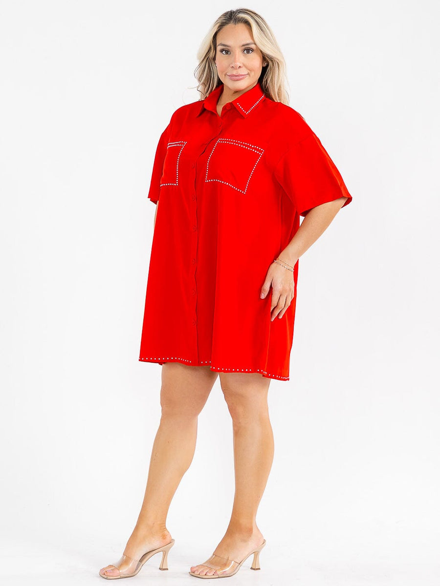 Vestido Plus rojo holgado de botones y mangas cortas