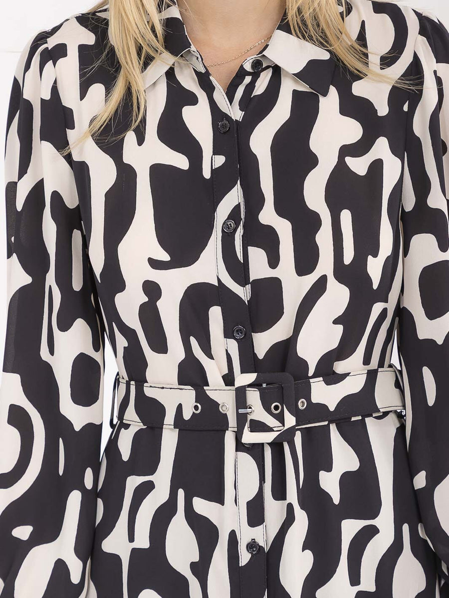 Vestido blanco y negro midi manga larga de botones y cinturón